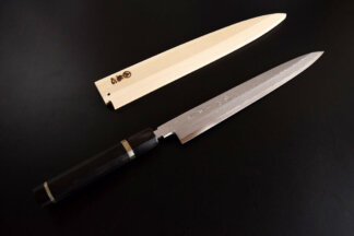 Kaishin Unyou White Steel #1 Suminagashi Layered Steel Yanagiba with Custom Ebony Handle