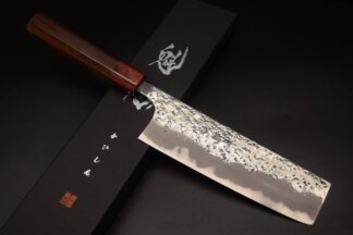 Kisuke x Kaishin White steel #2 Hon-warikomi Migaki Hammered Hongasumi finish Nakiri 165mm Rosewood handle